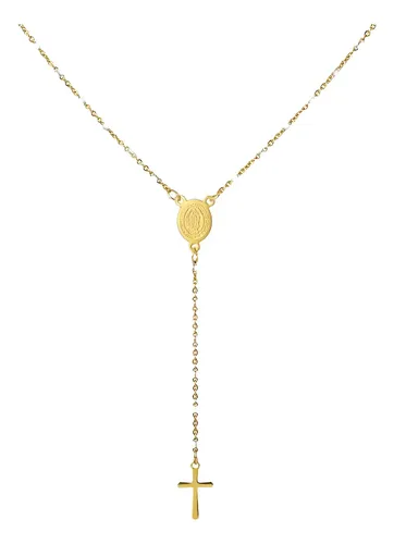 Collana Rosario Vergine Maria E Croce – Acciaio Inox Oro, Con Zirconi, In Scatola Regalo