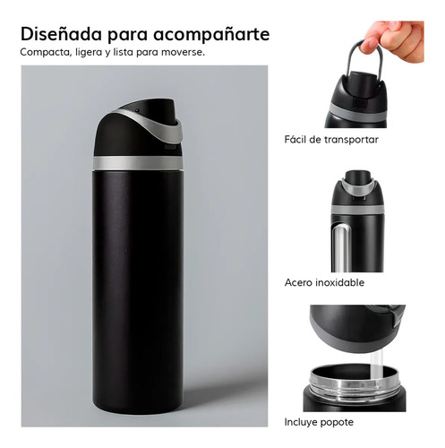 Botella Termo Agua Aislada Hermética Acero Inoxidable Popote Negro