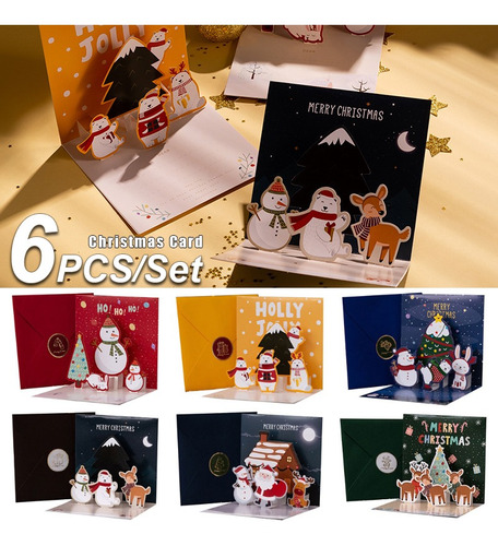 Imagem 1 de 10 de 6pcs Cartão De Natal 3d Pop Up Cartões Envelopes+adesivos