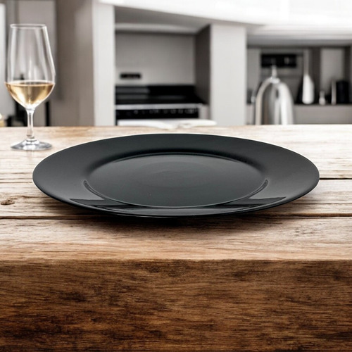 06 Pratos Redondo Jantar Vidro Opalino Preto Mesa Posta 26cm