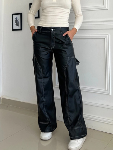 Pantalon Carpintero Engomado Costura Blanca
