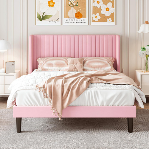 Base De Cama De Terciopelo Queen Con Cabecera Capitoné Rosa
