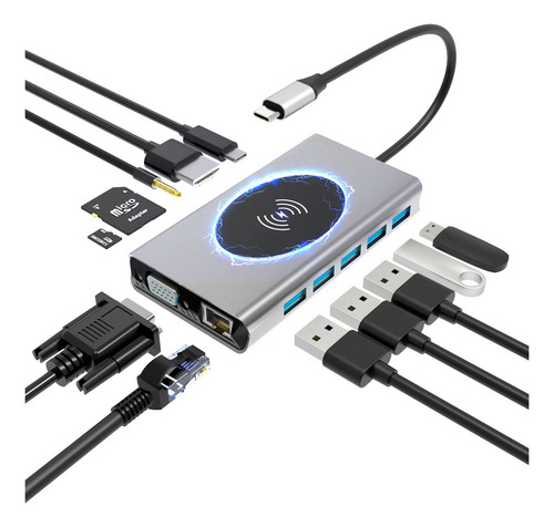 Hub Dockstation Usb C Type C 15 Em 1 Usb 3.0 / Hdmi / Vga Cor Prateado