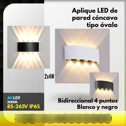 Aplique Led De Pared Concavo Bd 2x4w 3000k 85-265v Ovalo Bl