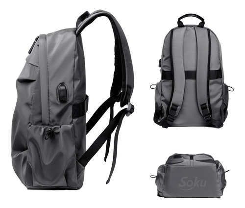 Soku Mochila Laptop 14 Cierres Amplia Ligera Viaje Deportiva Color Gris Diseño de la tela Liso