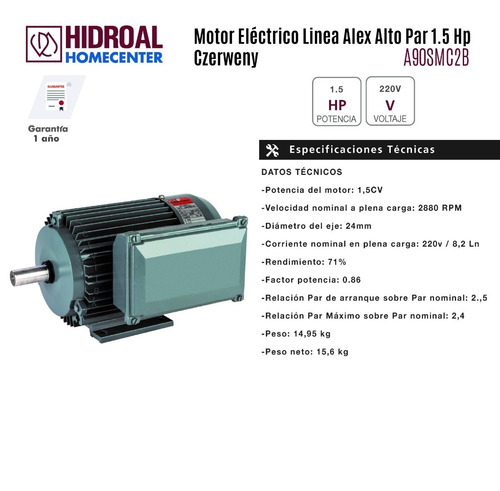 Imagen 3 de 10 de Motor Eléctrico Czerweny Alto Par 1.5 Hp 2880 Rpm 2 B