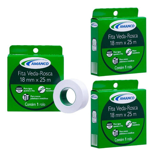 Fita Veda Rosca 18mm X 25 Metros Amanco - Kit 2 Unidades