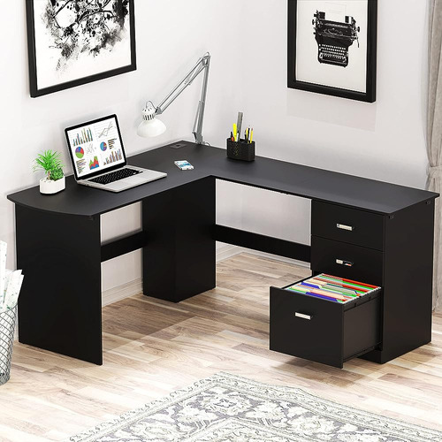 Shw En Forma De L Home Office Wood Corner Desk Con 3 Cajones