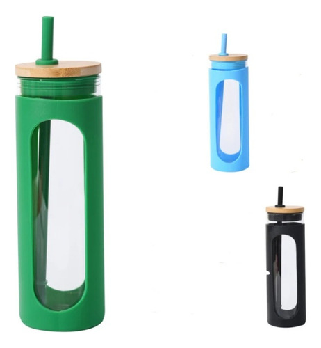 Botella De Agua De Vidrio Protector Silicón Tapa De Bambú