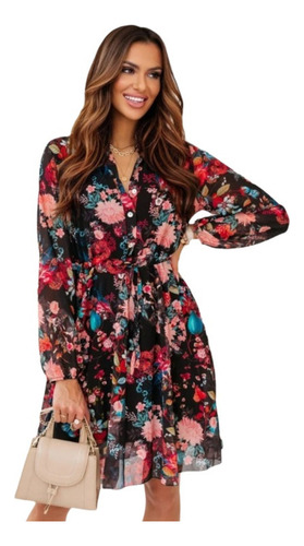 Vestido De Manga Larga Estampado Con Botones