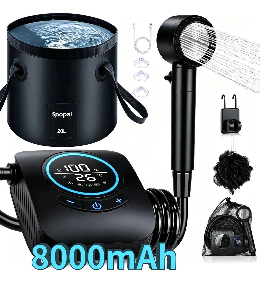 Spopal Ducha Portátil Para Acampar Con Cubo 20L ,8000mAh,5 Velocidades Ajustables Ducha Portatil, IPX8 Impermeable,Pantalla LED,4 Modos Pulverización,Regadera Camping para Senderis