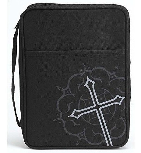 Negro Cruz Medallon Y Bolsillo Funda Nylon Biblia Grande Con