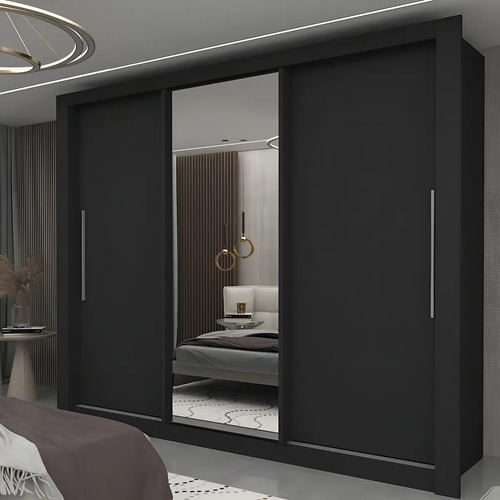 Guarda-roupa Casal 3 Portas Preto com Espelho Milão Yescasa MDF