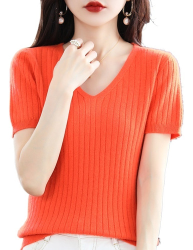 Top De Punto De Manga Corta Con Cuello En V Para Mujer