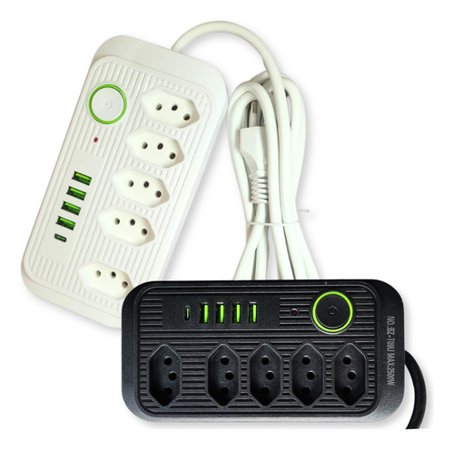 Extensão Filtro De Linha 5 Tomadas Usb Anti Chamas Cor Branco