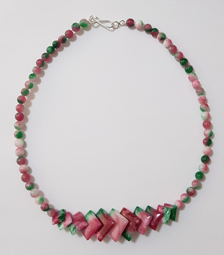 Collar Jade Verde/rosa Cuadraditos Y Bolitas 6mm Plata 925