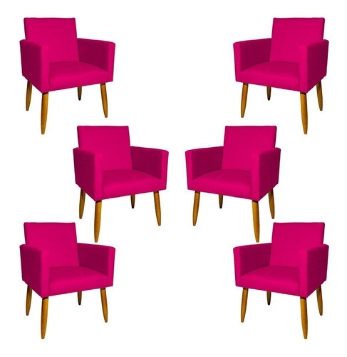 Kit 6 Poltronas Decorativas Para Sala Cadeira Pé Castanho Cor Pink Desenho do tecido Suede
