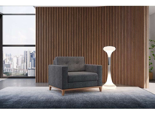 Poltrona Living Pés E Base Em Madeira Linho Cotton Grafite Cor Cinza