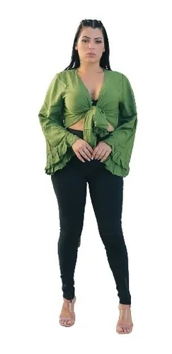 Roupa Feminina Plus Size Cropped Manga Flare C Amarra o