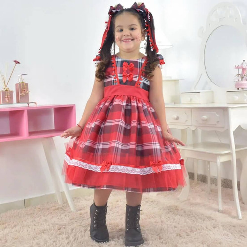Vestido Festa Junina Quadrilha Xadrez Vermelho + 2 Laços