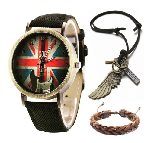 Kit Music Relógio Inglaterra Guitarra + Colar Asa + Pulseira