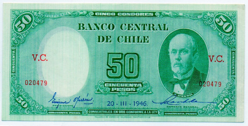 Billete De Chile 50 Pesos Año 20 - Iii - 1946 Unc