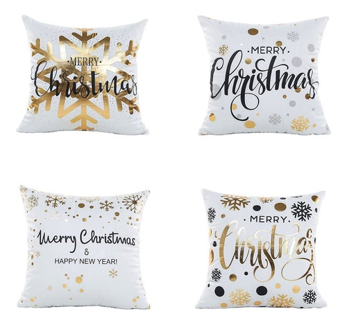 Fundas De Almohada Navideñas Paquete De 4 Estampado Dorado Color Blanco Diseño De La Tela Christmas