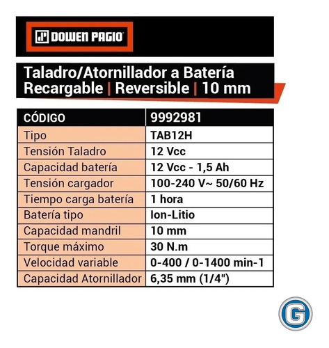 Imagen 6 de 9 de Taladro Atornillador Inalamb Dowen 10mm 12v Sim Gamma G12101
