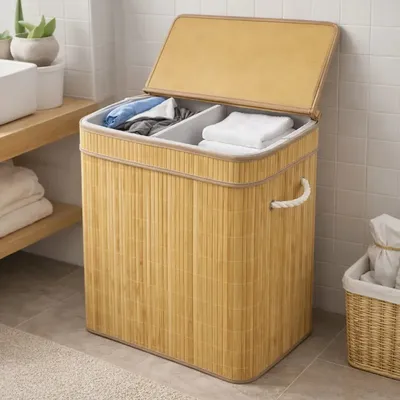 Cesto Roupa Suja Grande Duplo Bambu Dobrável Com Tampa 100L