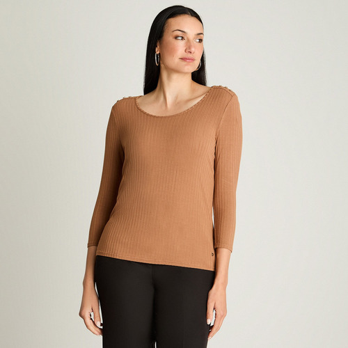 Polera Manga 3/4 Botones Camel Moda Mujer Hasta Xxxl