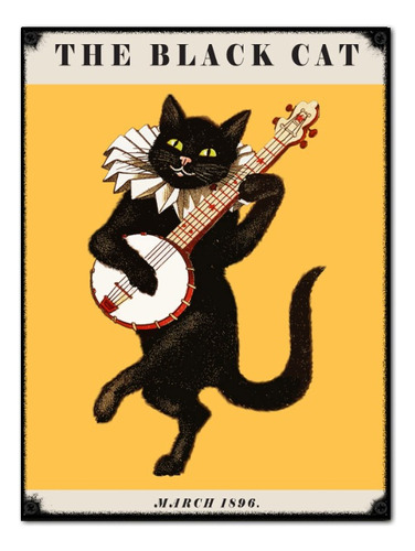 #815 - Cuadro Vintage / Gato Música Guitarra Poster No Chapa