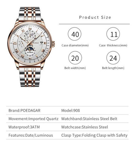 Reloj Poedagar 908 Classic Luminous Moon Phase
