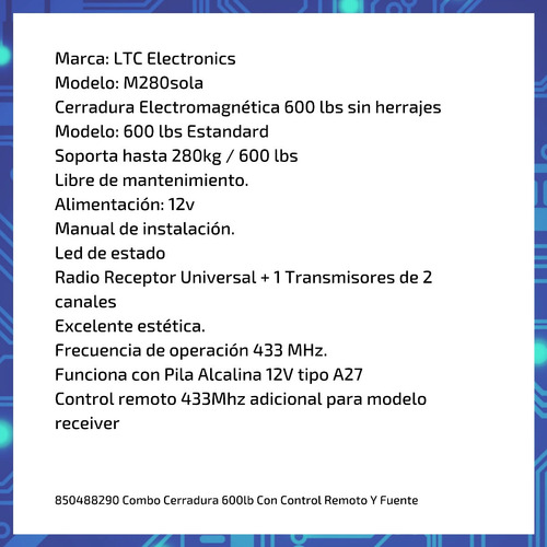 Imagen 6 de 10 de Combo Cerradura 600lb Con Control Remoto Y Fuente