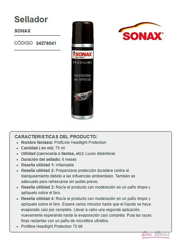 Protector De Opticos Sonax 75 Ml / Dec Haus