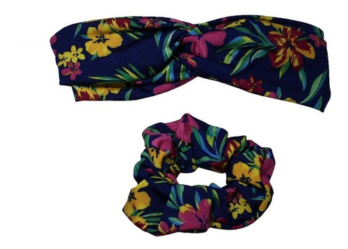 Banda Estampado Tropical Azul Rey Con Rosa + Scrunchie