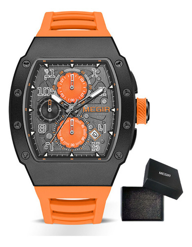 Reloj de pulsera Megir 8411G, analógico, para hombre, con correa de silicona color naranja y negro y hebilla simple
