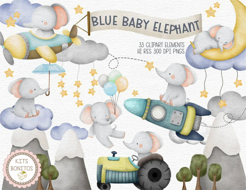 Kit Cliparts Imagenes Png Elefante Bebe Tierno Acuarela 