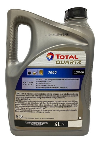 Imagen 2 de 2 de Aceite para motor Total semi-sintético Quartz 7000 10W-40 x 4L