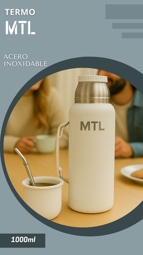 Termo Mtl 1 Litro Acero Inoxidable Color Blanco Tapa Vaso Cebador Doble Pared Ligero 24hs Frio Calor Mate Camping Oficina Compacto Manija Facil De Limpiar