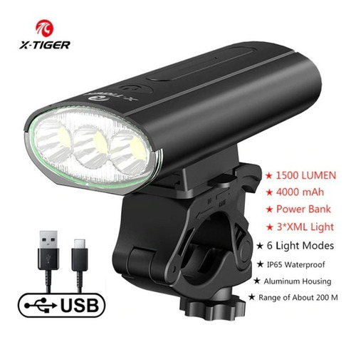 Luz Frontal De Bicicleta X-tiger - 3 Led 1500 Lumen 