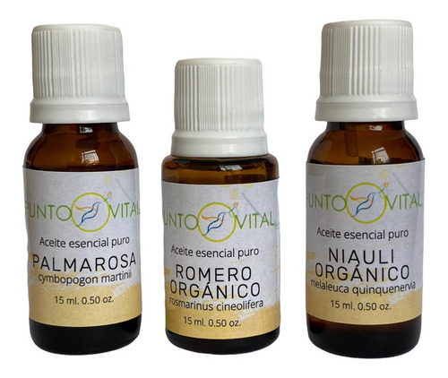 3 Aceites Esenciales: Romero, Palmarosa, Niauli, Puros, 15ml