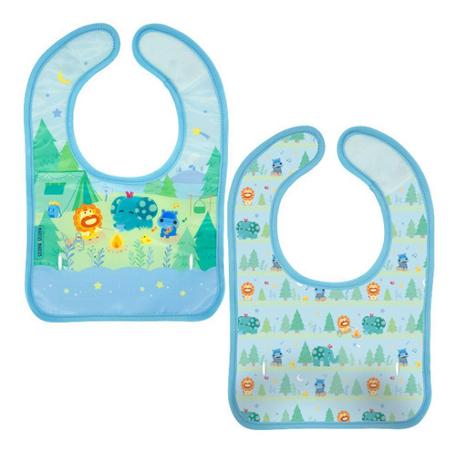 2 Babadores Em Tecido Plástico Com Bolso 3 Em 1 Camping Azul