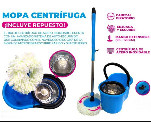 Imagen 3 de 6 de Balde Lampazo Centrifuga Acero Giratorio Spin Mop 2 Mopas