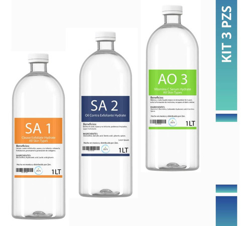 Kit3 Soluciones Hidra Facial Dermoabrasión As1 Sa2 Ao3, 1lt