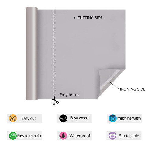 Renli Tong Vinilo Termoadhesivo Htv Gris, Rollo De 12 Pulgad