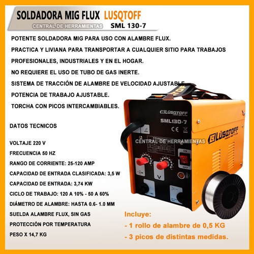 Imagen 3 de 4 de Soldadora Mig Lusqtoff Sml 130 120amp +alambre Flux Tubular