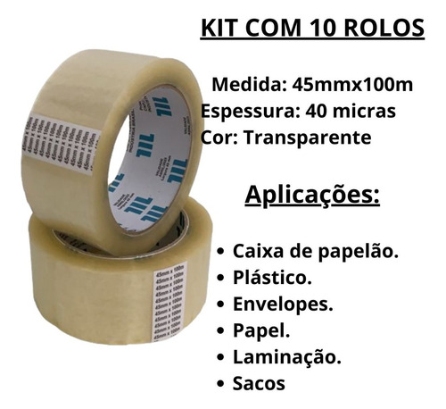 Imagem 2 de 6 de Fita Adesiva 45x100 Transparente Durex Largo - 10 Rolos