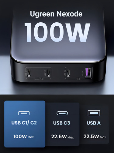 Ugreen Nexode 100w Gan Cargador Usb C, Cargador Multiple Con 4 Puertos, Pd/pps Carga Rápida Con 2m Cable Alimentación Para Macbook Pro iPad Pro Air Galaxy S22 S21 iPhone 14 13 Steam Deck Y Más