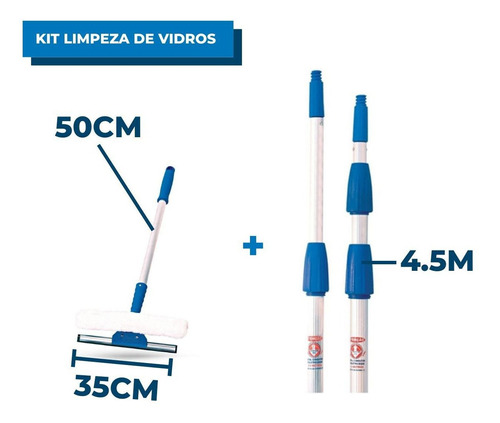 Kit Limpa Vidros Com Rodo 35cm E Extensor 4,5m + Cabo 50cm