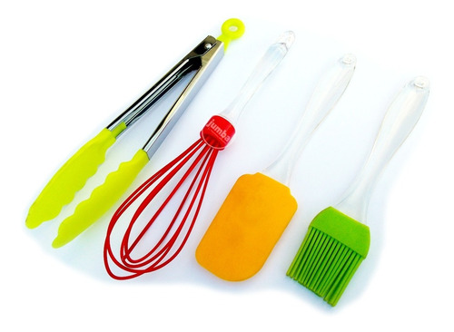 Set Cocina 4 Piezas Espatula Batidor Pinza Pincel Colores